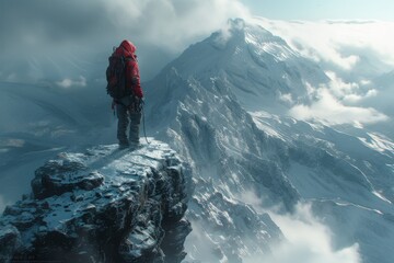 A lone mountaineer braves the treacherous terrain and thick fog, standing proudly atop the snow-covered summit of araate, the highest peak in the majestic mountain range