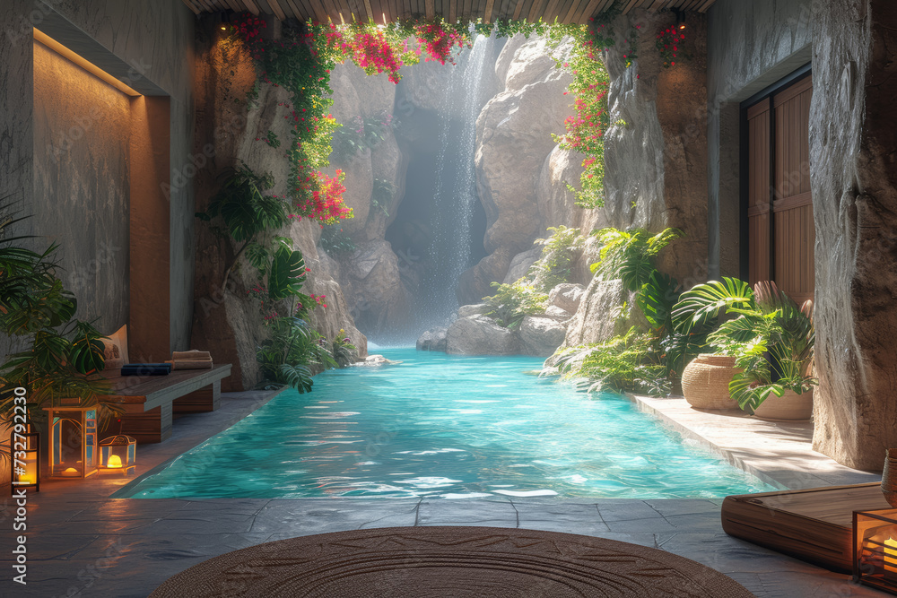 Poster an immersive augmented reality experience that transforms a room into a relaxing spa environment, co