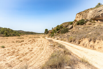 Camino del Ebro of Saint James - a dirt road on a summer landscape next to Caspe, province of Zaragoza, Aragon, Spain