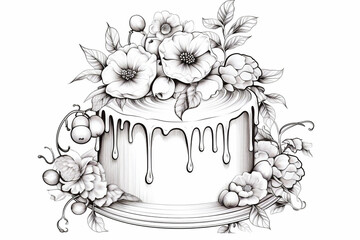 A sketch of a cake dripping with icing, flowers and berries, indicative of the culinary arts and cake decorating. Perfect for a pastry chef's portfolio or baking tutorial.