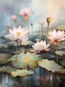 Vintage Water Lily Pond Artwork: Floating Lotus Landscape