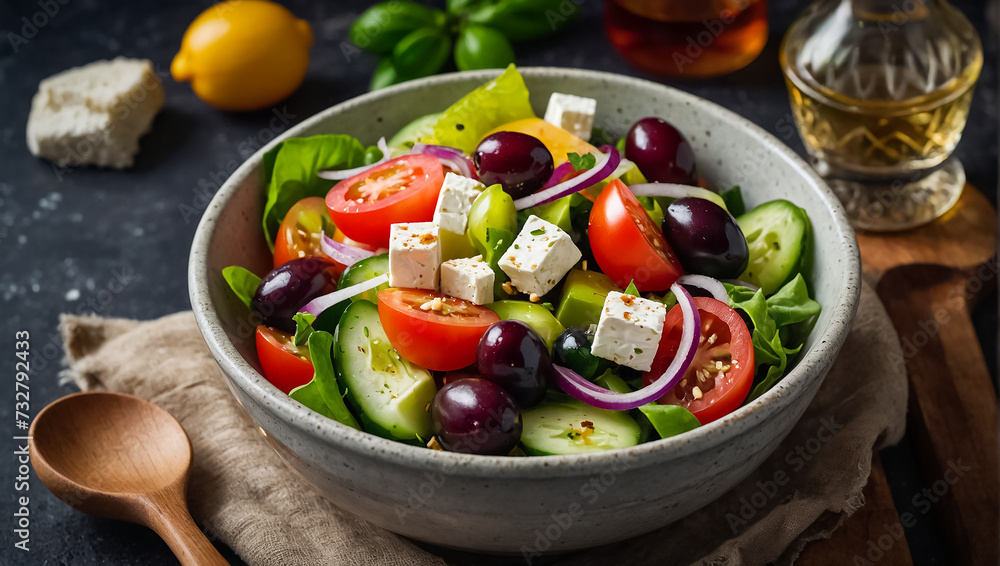 Wall mural classic greek salad in a plate in the kitchen