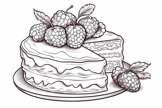  isolated black and white hand-drawn cake with raspberries on top, crafted in a sketch style. It's an image well-suited for culinary education or recipe book illustrations.