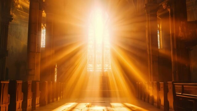 Sun rays through the window into interior of church, symbolizing divine presence, truth, spiritual illumination, God love and grace. Light beams blessing house of the Lord with heavenly light