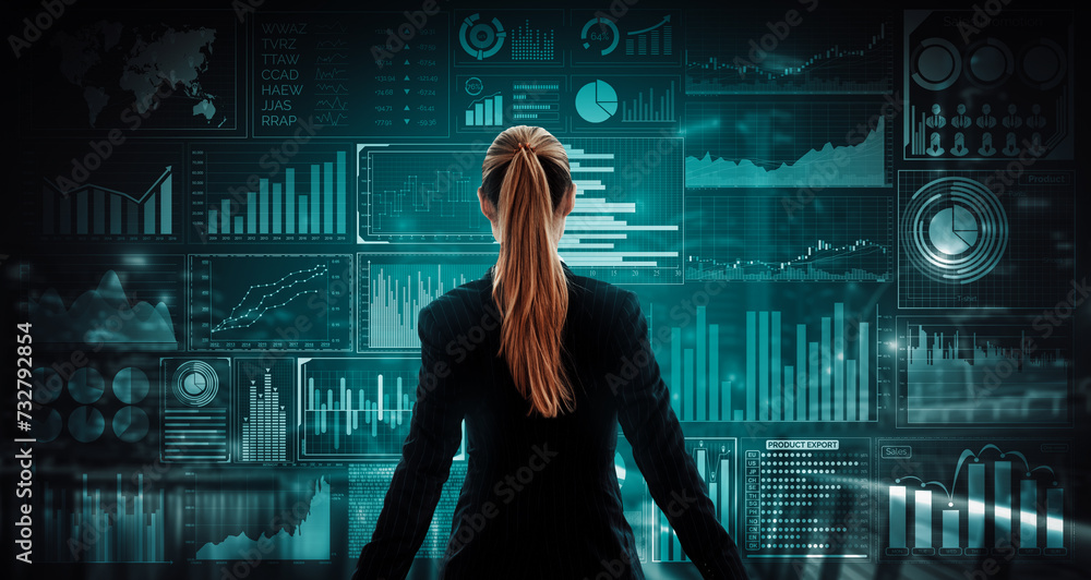 Poster big data technology for business finance analytic concept. modern interface shows massive informatio