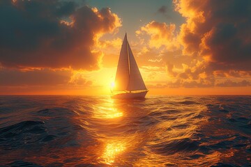 Amidst the vast ocean, a sailboat glides through the waves, its mast reaching towards the sky as the sun sets on the horizon