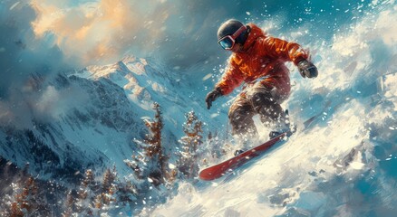 A daring individual rides the snowy wave, gracefully surfing on their snowboard through the outdoor winter wonderland - obrazy, fototapety, plakaty
