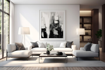 modern living room with sofa and big art on the wall, white color interior design