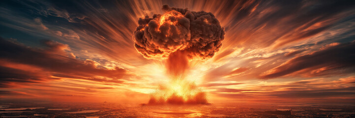 huge natural disaster or nuclear explosion mushroom cloud effect over city skyline for apocalyptical aftermath of nuclear attach or the use of mass destruction weapons