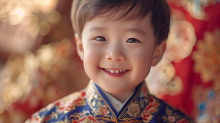 A close-up portrait of a smiling Chinese boy radiating joy and wearing floral robes evoking the beauty and delicacy of the culture. Boy immersed in rich Chinese cultural heritage.