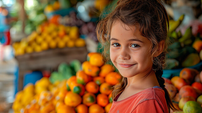 Retrato de una ni&ntilde;a en la fruter&iacute;a rodeada de frutas 