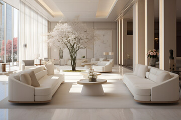 Fototapeta na wymiar white modern 3d luxury hotel lobby with elegant style and modern furniture, ai generated