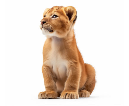 Lion cub sitting, isolated on white transparent background, png