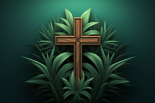 Palm Sunday, Christians to welcome Jesus Christ, cross crucifix, church christian catholic trust believe faith, happy easter, leaves, grass, wood, banner copy space greeting card background.
