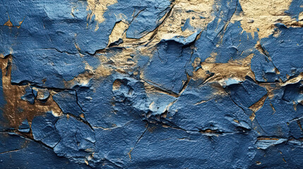 An abstract concrete background featuring blue and gold colors with cracks