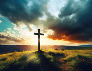   Cross on the hill in sunrise. Easter religious concept.