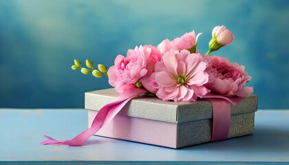 Mothers or Womens Day card with  pink flowers and gift box on blue background