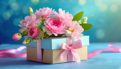 Mothers Day flowers in gift box on blue background, copy space
