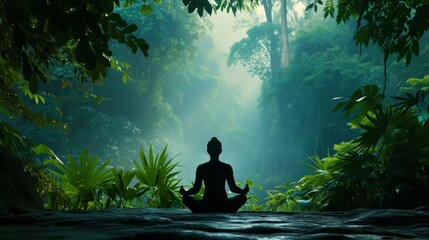 A serene individual meditating in a lush forest, surrounded by tranquil nature