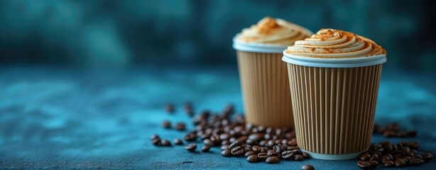Coffee cup with cream and coffee beans on a blue background