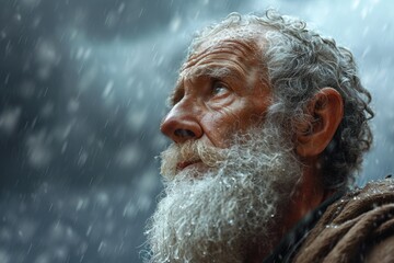 Poignant portrait biblical figure Noah stands hopeful anticipation, eyes fixed on horizon. Patiently waiting improved weather, he yearns for return of dove, embodying Christian faith and resilience - obrazy, fototapety, plakaty