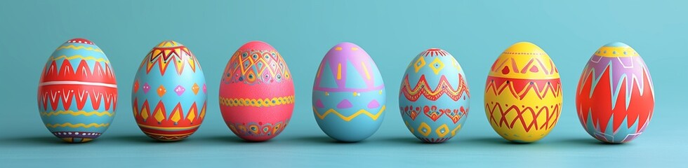 A collection of Easter eggs, each painted in bright, primary colors with bold, graphic designs, set against a sky blue background.