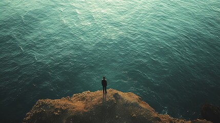 A small figure standing at the edge of the ocean, contemplating the vastness with curiosity and awe - 732795622