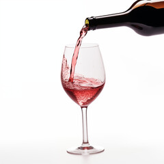 A bottle of wine in the air is poured into a glass by itself, isolated on a white background