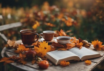 Cup of tea and coffee books on table in autumn garden Rest in garden Autumn holiday in village or...