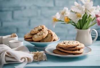 Bouquets of spring flowers coffee cup cookies on blue table over blue brick background