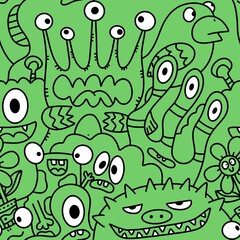 Cartoon monsters seamless funny aliens and rabbit and cactus and flower pattern for wrapping paper and linens