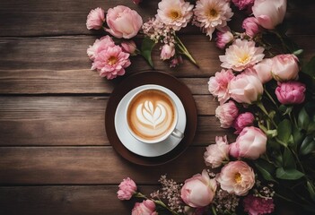 Coffee cup and flowers on rustic wooden background Springtime Top view copy space for copy
