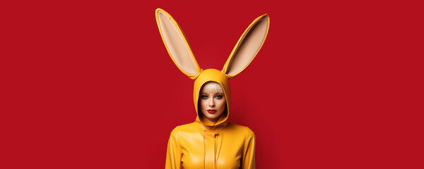 Jacket with long bunny ears. Beautiful young white blonde woman with red lips in yellow leather raincoat with hood. Carnival costume for Happy Easter on dark red background. Copy space for text