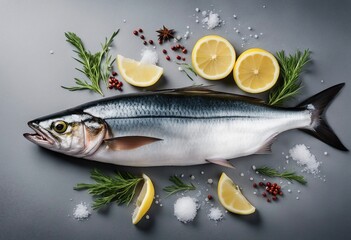 Fresh raw fish Mackerel with salt lemon and spices on gray background Cooking fish with herbs Top viev