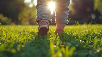 A toddler's first steps on a grassy field, with outstretched hands reaching for balance - obrazy, fototapety, plakaty
