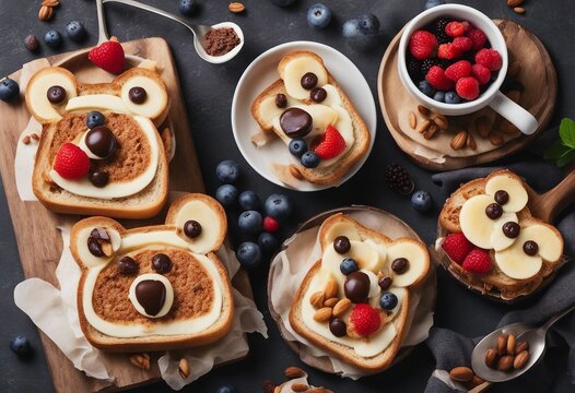 Children breakfast with toasts and milk Funny bear face sandwiches with chocolate paste banana nuts