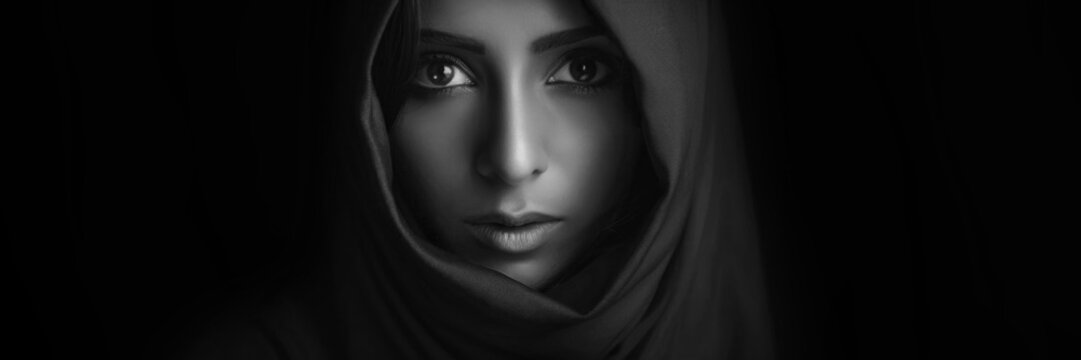 Black and white poster. Close-up portrait of woman in burqa. Horizontal banner. Tanned Muslim woman looks at camera on black background. Concept of belief in God, Arab world, Palestine. BW