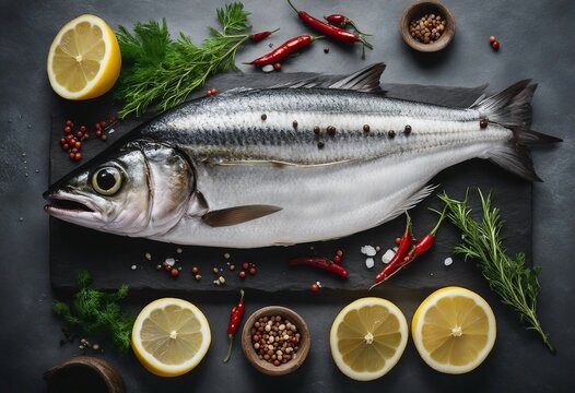 Fresh raw fish Mackerel with salt lemon and spices on gray background Cooking fish with herbs Top view on dark background