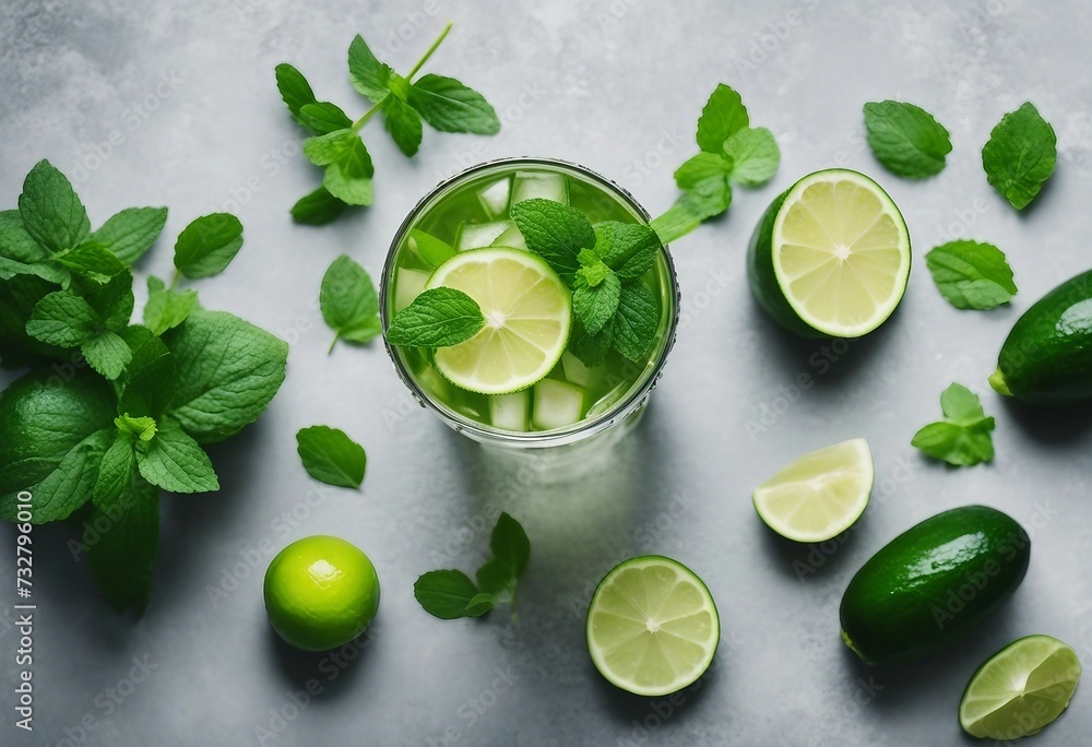 Poster refreshing water with cucumber mint and lime on grey background top view summer drink cucumber lemon