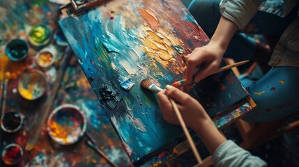A serene shot captures a person immersed in painting, surrounded by vibrant colors and brushes