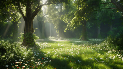 Obraz premium A serene forest glade with dappled sunlight filtering through the trees, capturing the beauty of nature and tranquility