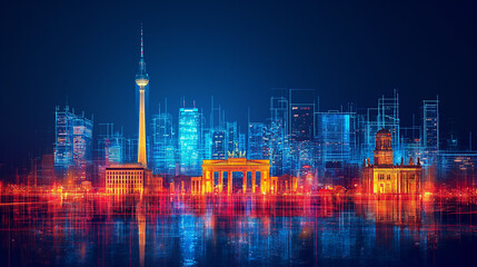 The Berlin skyline appears vivid in a holographic light, while the Brandenburg Gate and the Alex TV Tower take center stage. - obrazy, fototapety, plakaty