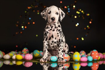 A Dalmatian puppy with a unique Easter egg pattern in its coat, sitting proudly on a reflective surface surrounded by a ring of colorful eggs.