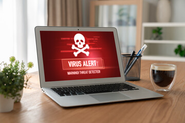 Virus warning alert on computer screen detected modish cyber threat , hacker, computer virus and...