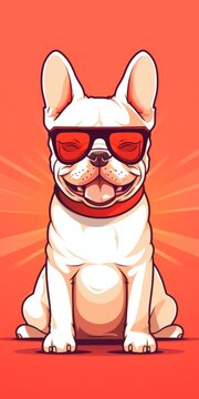 Image of cheerful French Bulldog sporting red sunglasses, set against bright orange backdrop