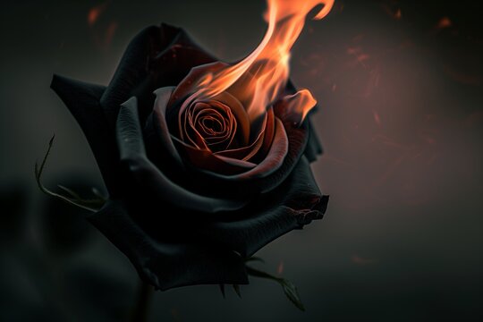 A deep black rose, with flames gently wrapping around its petals, set against a backdrop of soft-focus darkness.