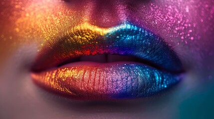 Colorful Kiss: High-Resolution Image of Lips Painted in a Rainbow Cascade