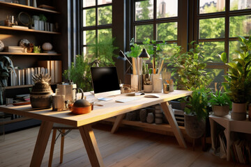 Fototapeta premium Eco-Friendly and Sustainable Home Office with Large Windows