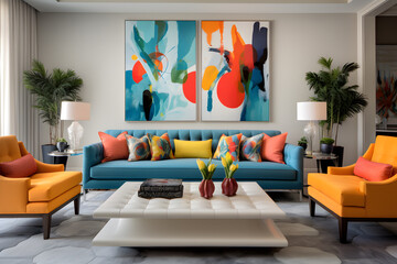 colorful modern living room with beautiful sofa and big  wall art