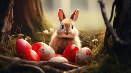 Happy Easter. hare and Easter painted red eggs. tradition of looking for colorful eggs in the...